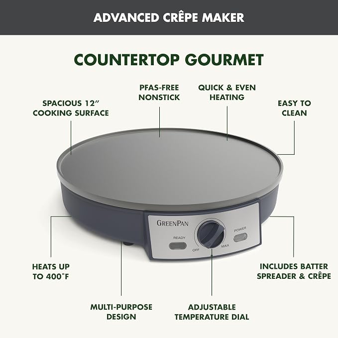 GreenPan Advanced 12" Crepe Maker, Healthy Ceramic Nonstick PFAS-Free Coating, Adjustable Temperature Control, 400°F Heating, Batter Spreader & Crepe Turner Included, Graphite