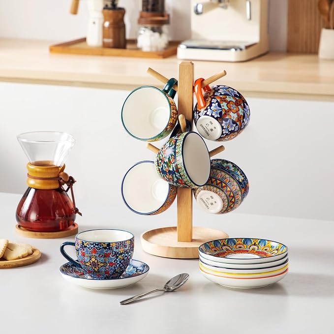 vancasso 8 Oz Cappuccino Cups, Porcelain Tea Cups and Saucers Set of 6 | Bohemian Cappuccino Mugs,Perfect for Latte, Tea and Espresso, Microwave and Dishwasher Safe,Lead-Free and Non-Toxic