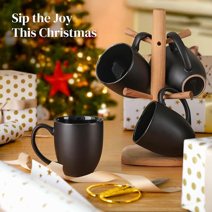 DOWAN Coffee Mugs, Black Coffee Mugs Set of 6, 16 oz Ceramic Coffee Cups with Large Handles for Men Women, Porcelain Big Mug for Tea Latte, Mug Gifts for Home Office Party