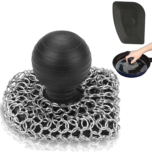 Cast Iron Scrubber with Pan Scraper, 316 Chainmail Scrubber for Cast Iron | Upgraded Chain Mail Scrubber Dish Sponge, Cast Iron Cleaner for Pan Skillet Carbon Steel, Dutch Oven Metal Brush Cleaning Kit