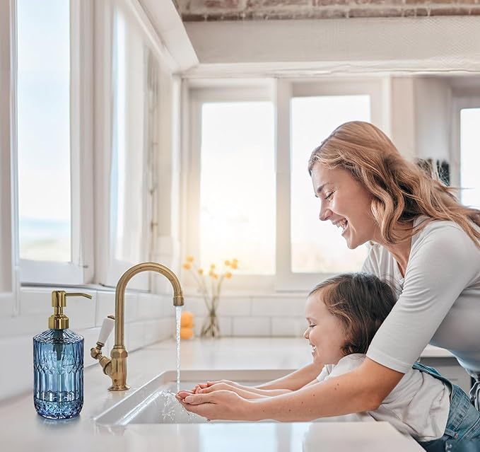 JASAI 18Oz Blue Glass Soap Dispenser with Golden Pump for Dish Soap | Refillable Kitchen Soap Dispenser with Thick Glass & Rust Proof Pump, Bathroom Soap Dispenser for Hand Soap, Liquid Soap.