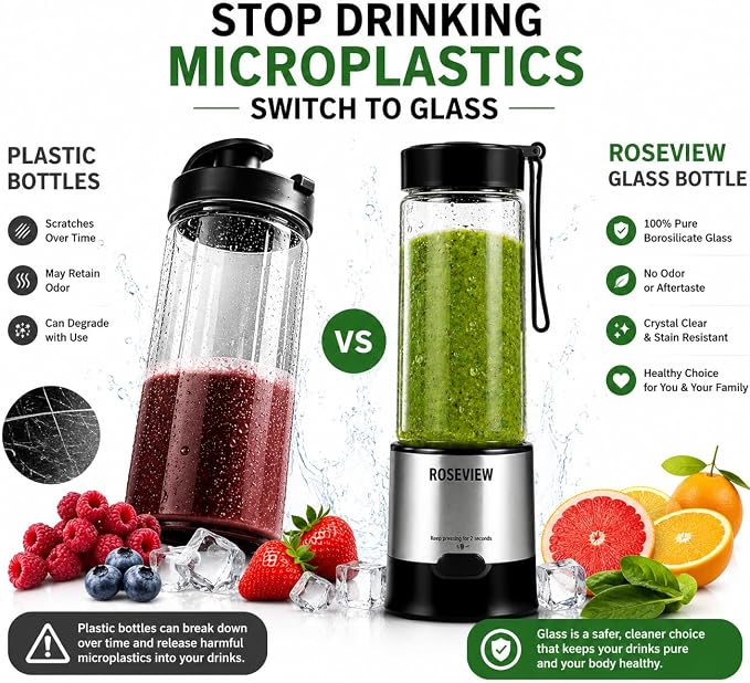 Portable Smoothie Blender ROSEVIEW Glass Cordless Mini Shakes Cup blend for smoothies USB rechargeable juicer 2 battery Handheld Personal travel Jet mixer (Black Steel) (Steel)