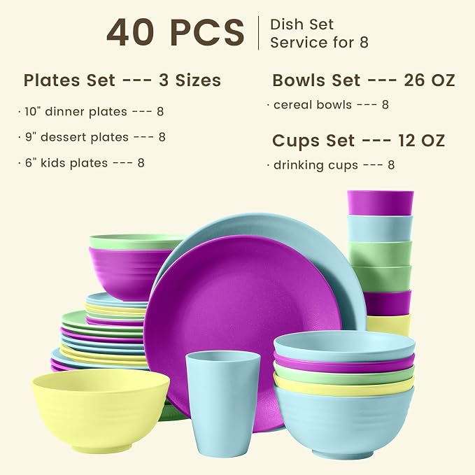 40-Piece Kichen Dinnerware Set, Wheat Straw Dinnerware Set, Plates, Bowls, Drinking Cups, Service for 8, Dishwasher & Microwave Safe Dish Set, Unbreakable Plates and Bowls Set - Memphis