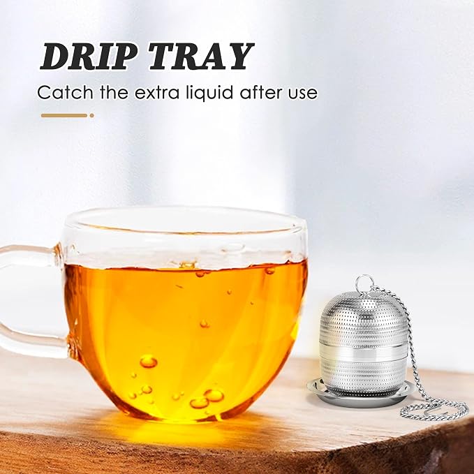 Yoassi 2 Pack Tea Infusers for Loose Tea, Extra Fine Mesh 18/8 Stainless Steel Tea Strainers, Loose Leaf Tea Steeper Tea Ball Tea Diffuser Tea Holder with Extended Chain Hook and Drip Tray