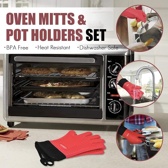 Silicone Oven Mitts Gloves - Heat Resistant, Non-Slip for BBQ, Grilling | 450°F Double-Layer｜Waterproof Kitchen Cooking Barbecue Mittens ｜5 Finger Hot Mitt for Baking, Smoker& Cast Iron(Small)