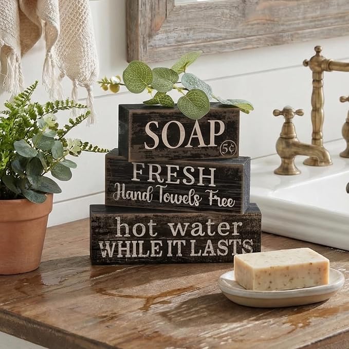 Lineshading 4 Pcs Wooden Bathroom Block Signs, Farmhouse Shelf Decor | Stackable Tiered Tray Pieces with Vintage Sayings, Rustic Bathroom Shelf Accents, Distressed Black Wood Tabletop Display