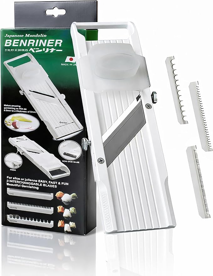 Benriner Japanese Mandoline Slicer – Vegetable Slicer with 4 Stainless Steel Blades, BPA-Free Adjustable Vegetable Cutter – Official US Version with Authentic Retail Packaging