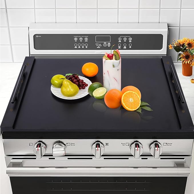 Noodle Board Stove Cover with Extended Handles-Wood Stove Top Covers for Electric Stove Kitchen Sink Cover Serving Tray, Decorative Tray for Kitchen Black (29.92"x22.05")