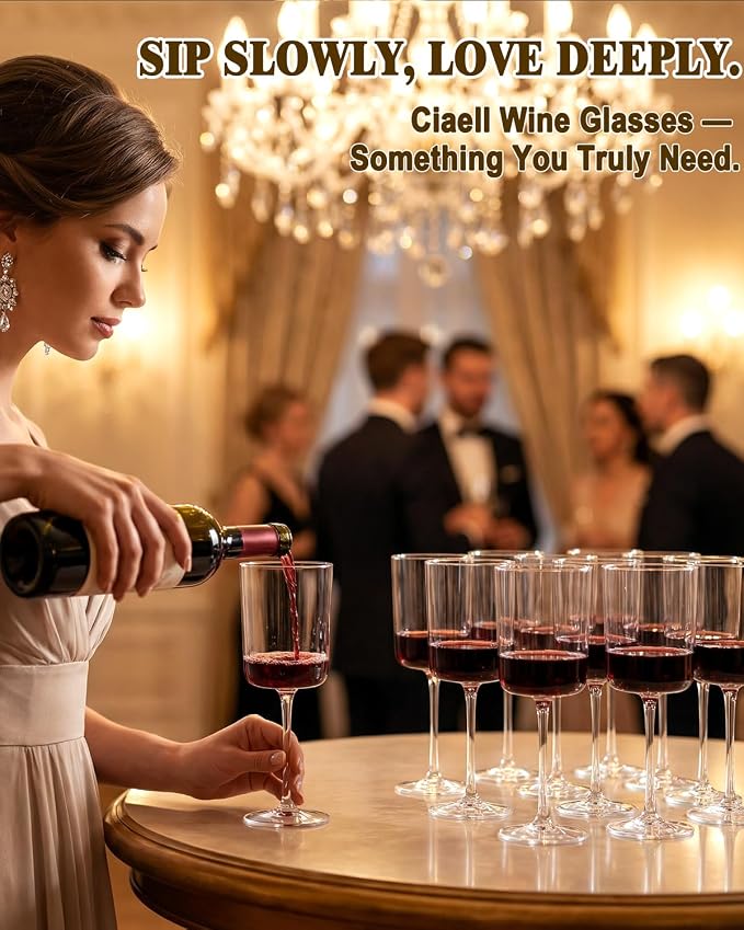 Ciaell 12 Pack Plastic Wine Glasses for Weddings Outdoor Gatherings | 10 oz Clear Stemmed Cups, Heavy Duty Plastic, Wine Champagne Cocktails Beverages for Parties Anniversaries Birthdays