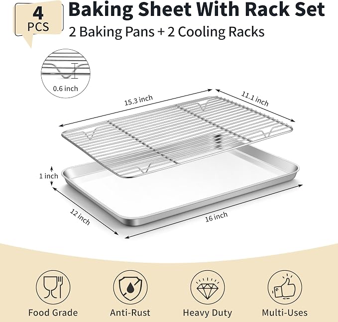 TeamFar Stainless Steel Baking Sheet with Rack Set, 16"x12"x1" | 2 Pans + 2 Racks, Cookie Sheet Baking Pan Tray with Cooling Rack for Cooking, Non-Toxic & Rust Proof, Dishwasher Safe