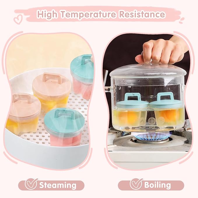 Egg Poacher Cups, 4 Pcs Poached Egg Cooker, Gray | 4 reusable egg molds with lid & brush, 4 shapes, easy release, for boiled eggs without shell