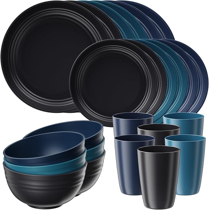 Quatish 24 Pcs Unbreakable Plates and Bowls, Plastic Dinnerware Sets for 6, Reusable Dish Set for Camping, Dishwasher Microwave Safe, Outdoor Kitchen and Apartment Dinning RV Essentials, Blue