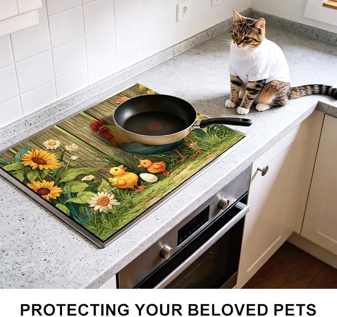Farmhouse Rooster Stove Top Cover 28.35x20.47 in Non Slip | Heat Resistant Cooktop Protector Mat with Non-Slip Backing, Scratch Protection and Countertop Drying Mat.
