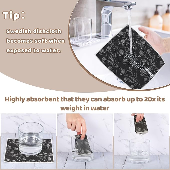 6 Pack Swedish Dishcloths for Kitchen,Swedish Rags Dish Towels with Clips | Reusable Paper Towels Washable Absorbent Cellulose Sponge Cloths No Odor for Cleaning HHome Kitchen Gifts for Host