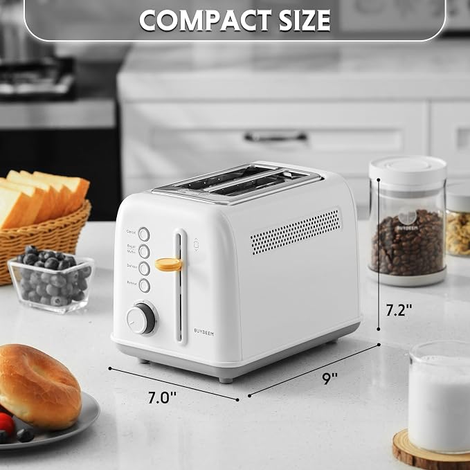 BUYDEEM DT620 2-Slice Toaster, 7 Shade Settings, Extra Wide 1.5'' Slots for Bagel & English Muffin, 6 Toasting Functions, Retro Stainless Steel Toaster with High Lift Lever, Arctic White