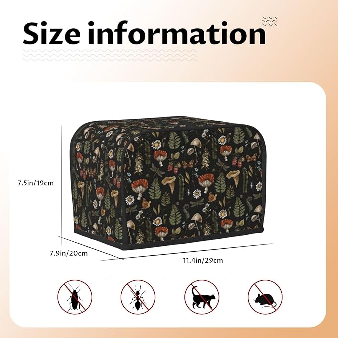 2 Slice Toaster Cover Vintage Mushroom Leaf Forest Dust Proof Washable Kitchen Appliance Cover with Pocket, Oxford Fabric Countertop Toaster Protector for Standard Toasters Small Appliances