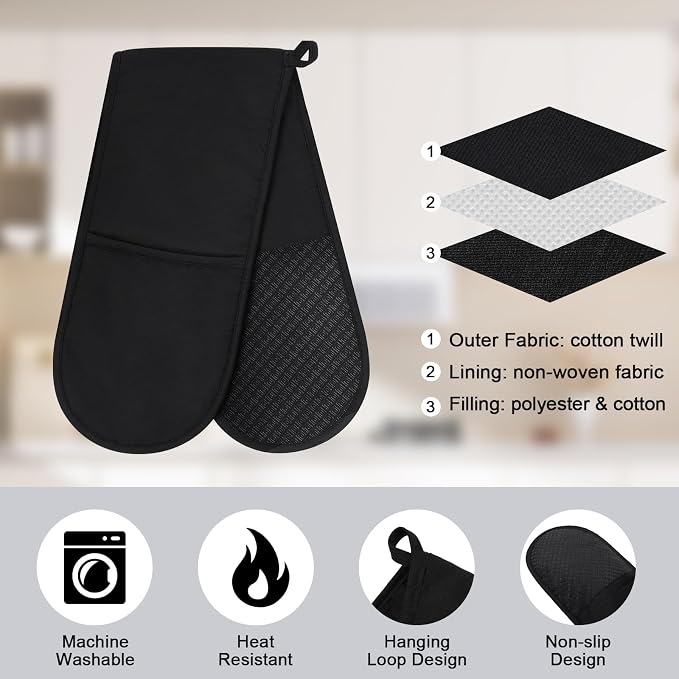 Philorn Black Double Oven Mitts, Heat Resistant 260℃ Silicone Glove | Waterproof Kitchen Gloves Oven Extra Long Oven Mitts with Non-Slip Silicone Surface for Baking, Cooking, BBQ