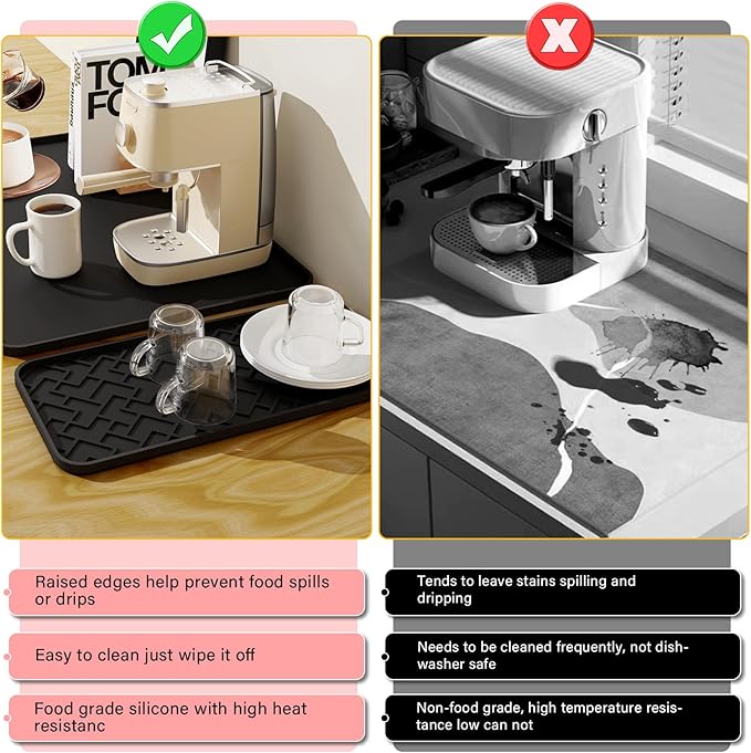Coffee Mat, 19" x 12" Silicone Coffee Bar Mat, Non-Slip Espresso Machine Mat with 0.44" Raised Edges, Waterproof Heat Resistant Countertop Protector, Dishwasher Safe