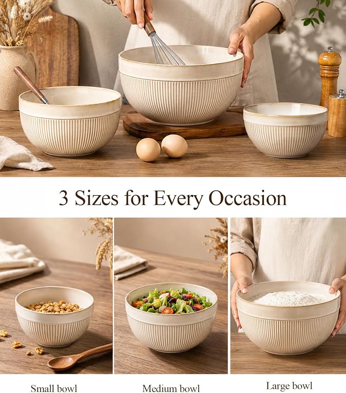GBhome Ceramic Mixing Bowls Set of 3, Stoneware Nesting Serving Bowls | 45/90/150 oz For Prep, Baking, Serving, Gift, Microwave and Dishwasher Safe, Ribbed Dishware Collection,Cappuccino
