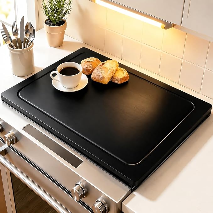 Wooden Noodle Board Stove Cover for Electric Stove & Gas Range, 27.56 x 19.69 In, Lightweight Stovetop Cover with Built-In Handles, Juice Groove & Smooth Flat Top for Extra Counter Space