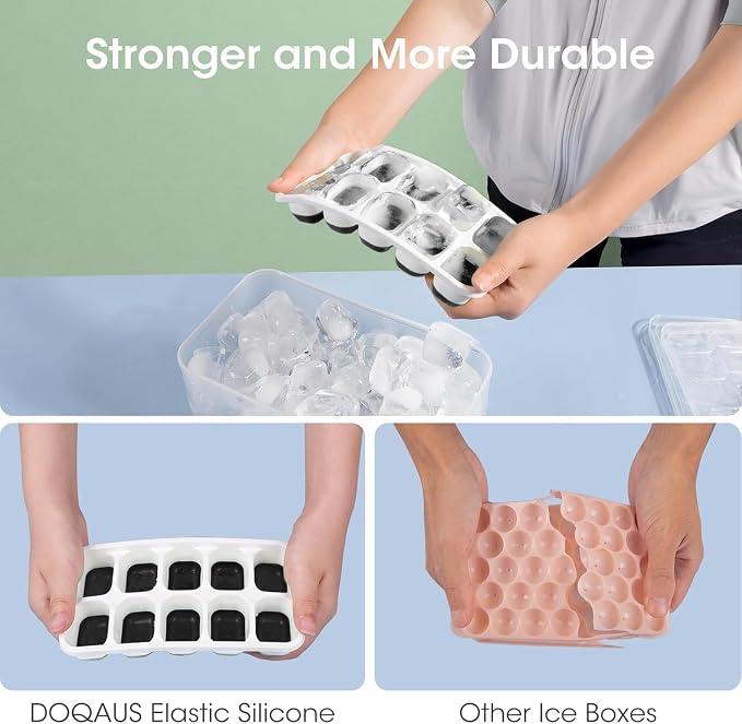 DOQAUS Ice Cube Tray with Lid and Bin,4 Pack Ice Cube Trays for Freezer | Silicone, Stackable. Easy Release Trays with Storage Bin & Scoop. Ideal for Freezer, Kitchen, RV, Cocktail, Coffee.