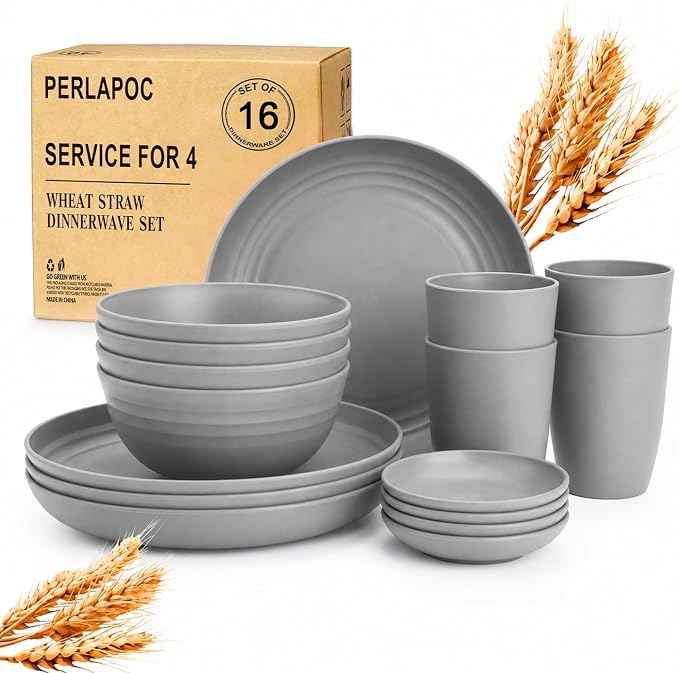 Kids Wheat Straw Dinnerware Sets for 4, 16 Piece Unbreakable Dinnerware Set, Kids Plates and Bowls Sets, Kitchen Plates and Bowls Set, Lightweight Dish Set for Party, Camping，RV - Grey