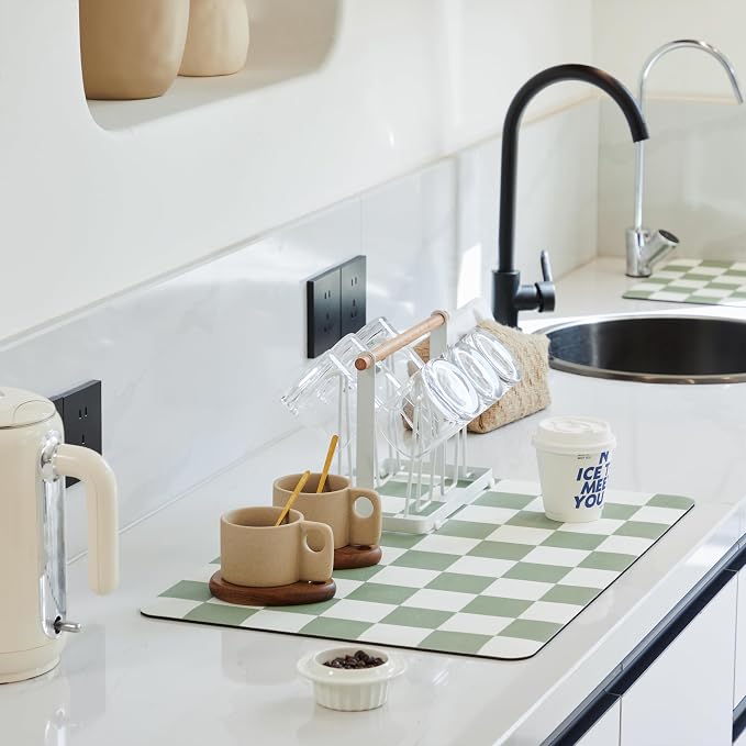 Ohocut Checkered Dish Drying Mat for Kitchen Counter, Coffee Bar Station Accessories, Retro Cute Aesthetic Modern Absorbent Drainer Mat Kitchen Drying Mat Easy Clean, Sage 12" x 19"