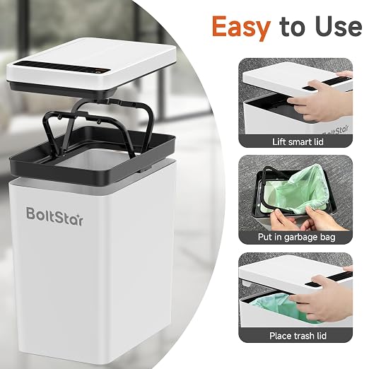 Solar Automatic Trash Can: 4 Gallon Motion Sensor Garbage Can, No Charging Required, Slim Smart Touchless Trash Bin with Lid for Bedroom, Living Room, Bathroom, Office, RV, White