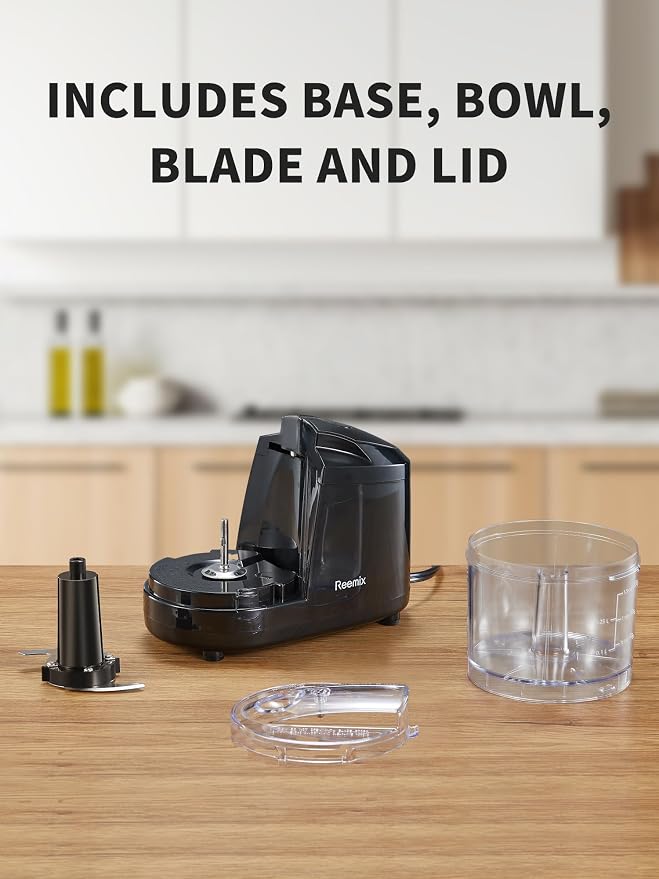 Reemix 1.5-Cup Electric Food Chopper, 100W Mini Food Processor Meat Grinder | One-Touch, Mix, Chop, Mince and Blend Vegetables, Fruits, Nuts, Meats, Stainless Steel Blade (Black)