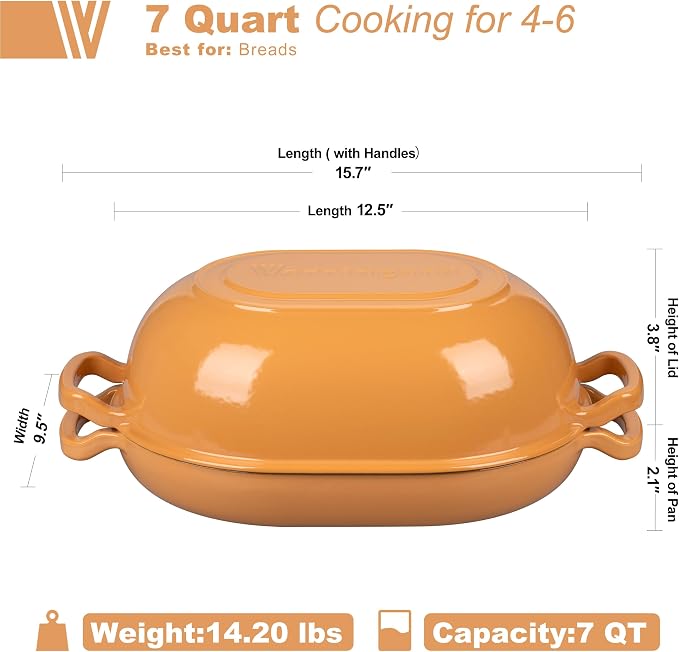 VORRINGARD Enameled Cast Iron Sourdough Bread Oven, Dutch Oven, Loaf Cast Iron Bread Pan for Homemade Bread Baking, Meatloaf Pan with Lid, 7QT, Yellow