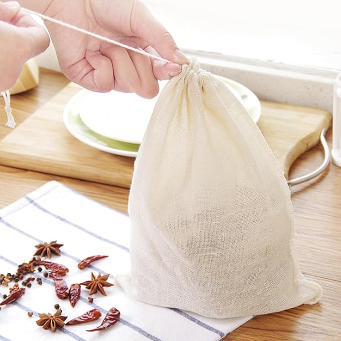 TUZAZO 24 Pcs Muslin Bags with Drawstring 6 x 8 inch, Reusable Spice Bags for Cooking Soup, Natural Cotton Unbleached Cheesecloth Bag for Straining, Bone Broth Brew Herb Sachet Bag Empty