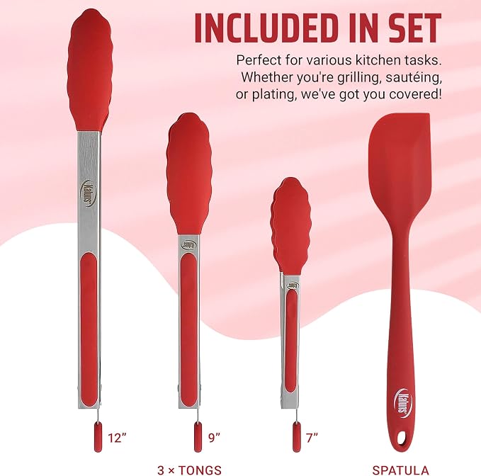 Kaluns Kitchen Tongs for Cooking Grilling Set of 4, BBQ Grill Tongs With Silicone Tip Stainless Steel Heat Resistant, Non-stick Pull Lock, Incl 7, 9, 12 Inch Tong Plus a Silicone Spatula