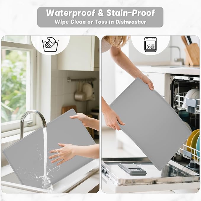Rnivvi Silicone Coffee Mat, 16" x 24" Waterproof Raised Edge Coffee Bar Mats for Espresso Machine Station Accessories, Heat Resistant Dish Drying Pad for Kitchen Counter, Rubber Bar Decor Pad, Gray