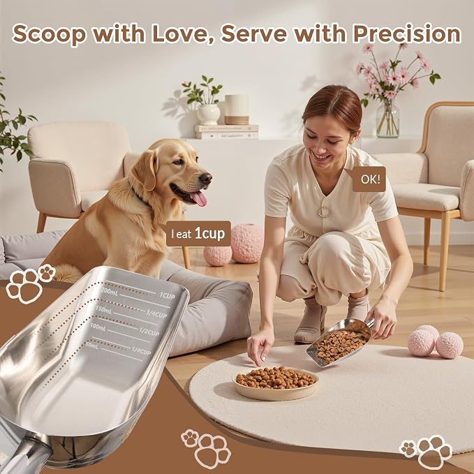 Pet cat-dog food-scoop measuring 1-cup - Food-grade 304 stainless steel material | 1-Cup capacity | Precision scale measurements