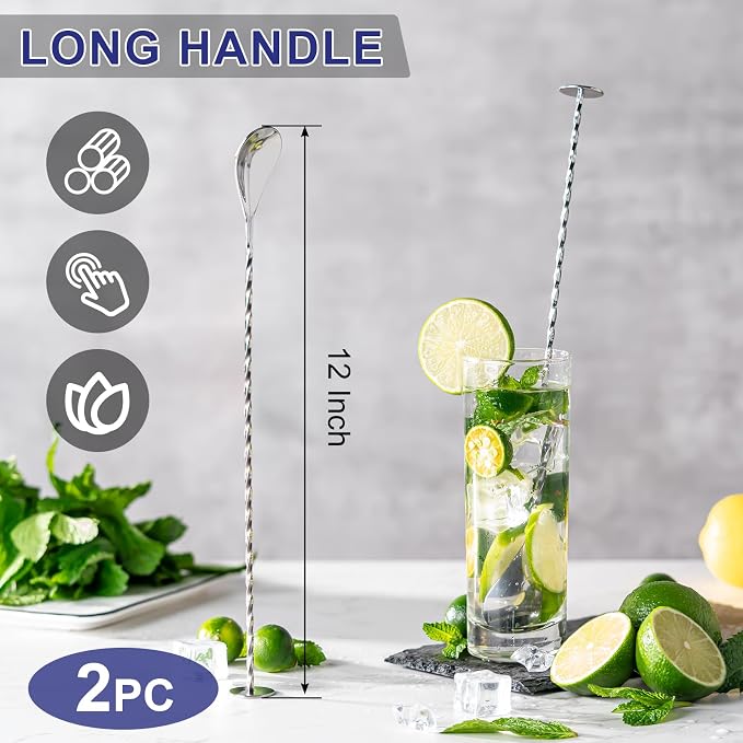 Bar Spoon Cocktail Mixing Stirrers, 2Pcs,12” with Round Base, Silver | 18/8 Stainless Steel, Long Handle, Flat Base for Tabletop Standing, Stirrer & Muddler for Coffee & Drinks