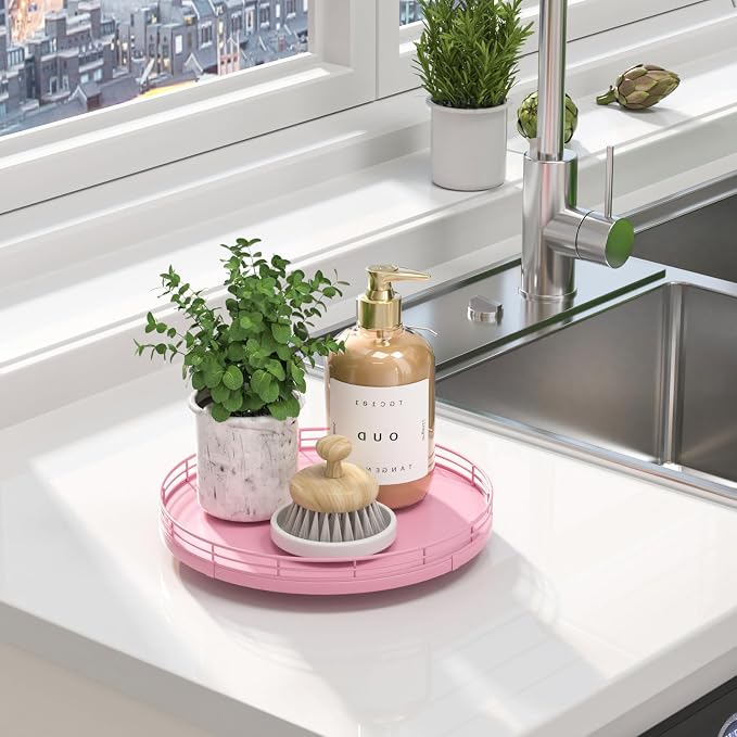 Oroyutor 10-Inch Oak Lazy Susan Vanity Tray, Pink Finish | Rotating oak tray organizes spices, toiletries and decor on kitchen counters, bathroom vanities, dining and coffee tables.