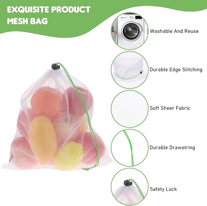 TIESOME 8PCS Reusable Produce Mesh Bags, Washable Vegetable Storage Bags | Grocery Storage Mesh Bags with Drawstring Transparent Toy Organizer Bags for Farmers Market Refrigerator Storage