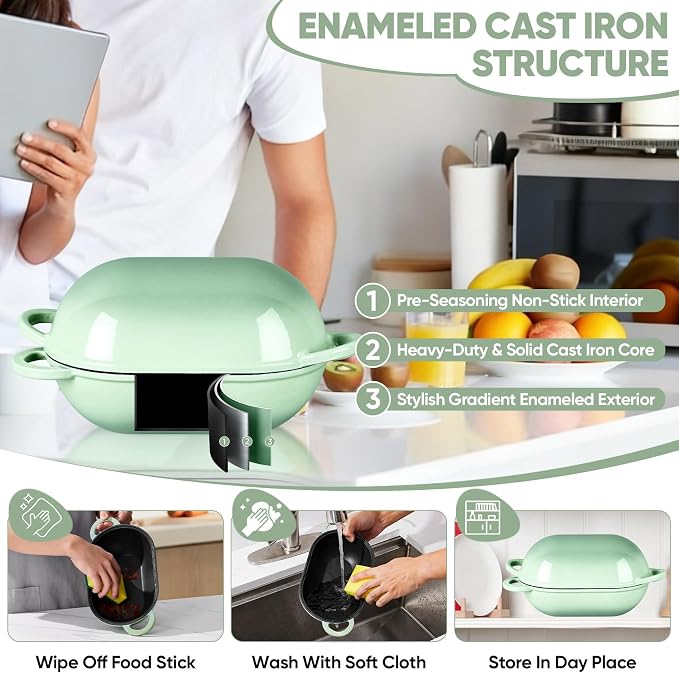 TeamFar Enameled Cast Iron Bread Loaf Pan, 2 QT Oval Dutch Oven with Lid | for Sourdough Bread Baking, Enameled Meatloaf Loaf Baking Pan with Lid, Even Heating & Self-Basting, Pistachio Green