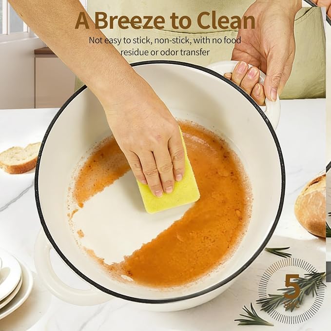 Enameled Cast Iron Dutch Oven pot 6.5 QT with Lid for Bread Baking | Cookware incl. Sourdough Bread-Baking Supplies like Banneton, Dough Whisk, Gloves, Oven Safe for Stews, Roasting, Cream White