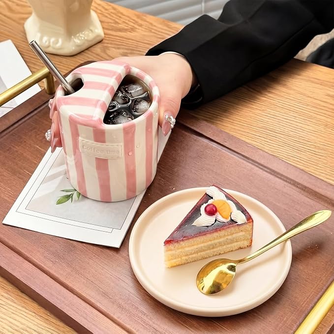 1 Pack Ceramic Mug with Sip Hole, Simple, Pink | 10oz Ceramic Coffee Cup with Straws, Retro Hand Painted Striped, for Iced Coffee Tea Latte Espresso, Kitchen Dining Travel
