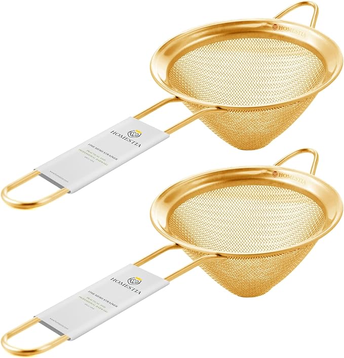 Homestia Fine Mesh Strainer for Kitchen, 304 Stainless Steel Cocktail Sieve Sifters for Food, Liquid Strainer for Drinks, Tea, Coffee, Juice, Flour, Spice, Fruits, Vegetables (Gold, 2 Pieces)