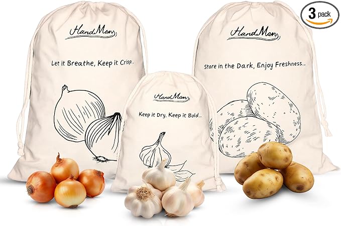 3-Pack Cotton Storage Bags for Potato, Onion & Garlic – Reusable Drawstring Produce Bags – Breathable, Eco-Friendly, Washable – 2 Large (40×30 cm) + 1 Small (25×20 cm)
