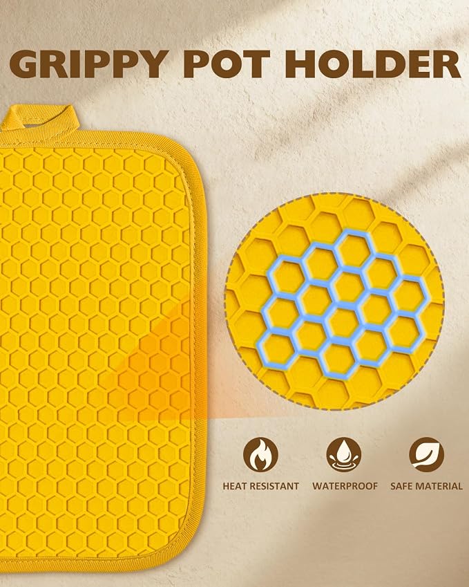 100% Cotton Pot Holders Textured Soft Silicone Grip Lemon | Stylish Pot Holders 2pcs, Machine Washable Non-Slip Heat Resistant Hot Pads & Oven Mitts 2-in-1, Practical Kitchen Decor