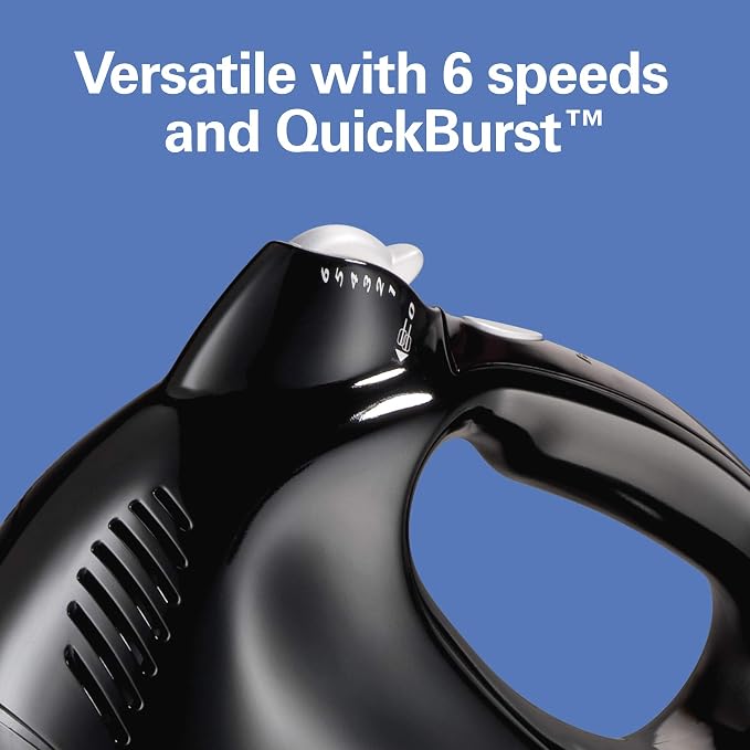 Hamilton Beach Power Deluxe 6-Speed Electric Hand Mixer With QuickBurst | Powerful 250 Watt Motor | Traditional Beaters | Whisk | Snap-On Storage Case | Bowl Rest | Black | 62692