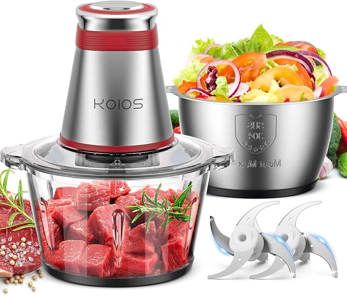 KOIOS Food Processor, 500W Electric Food Chopper with 2 Bowls, Small Electric Grinder, Red