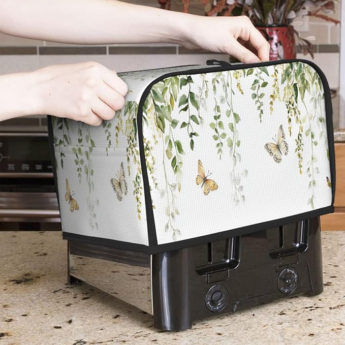 2 Slice Toaster Cover Butterfly Watercolor Botanical Leaf Dust Proof Washable Kitchen Appliance Cover with Pocket, Oxford Fabric Countertop Toaster Protector for Standard Toasters Small Appliances