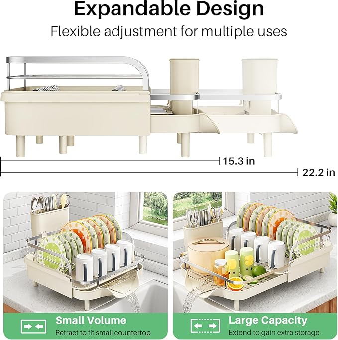 SAYZH Expandable Dish Drying Rack for Small Kitchen Counter, Beige | Stainless Steel, Protective Guardrail, Angled Drainboard, Fits High-Rim Sinks, Removable Utensil Holder