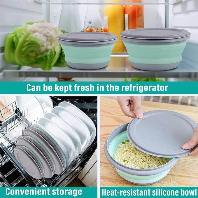 Collapsible Bowls, 3pcs Food Grade Silicone Camping Bowl Salad Bowl with lids, Portable Expandable Lunch Box Food Storage Container for Camping Travel and Picnic,Blue