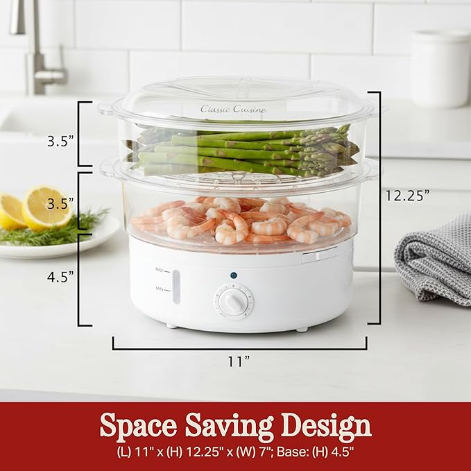 Classic Cuisine 2-Tier Vegetable Steamer and Rice Cooker, 120V 60Hz 800W | 6.3 Quart Electric Steamer for Cooking Healthy Fish, Eggs, Vegetables, Rice, and Baby Food