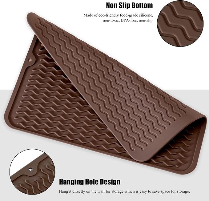 Silicone Dish Drying Mat, Non-Slip Easy Clean Sink Mat, Coffee, 14" x 11" | Quick-Dry Ridges, Large Heat-resistant Dish Drainer Mat for Kitchen Counter, Hangable & Roll-Up for Storage, Dishwasher Safe